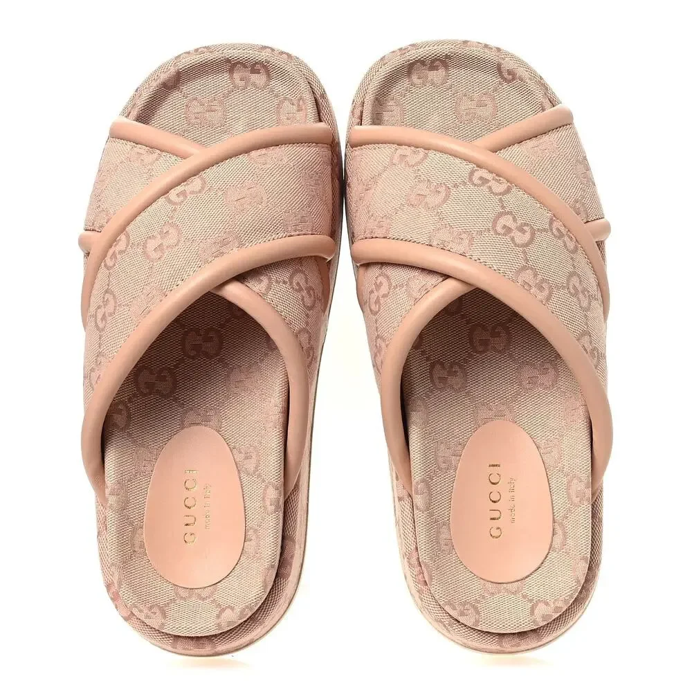 Gucci GG Canvas Pink Platform Slides 816798 Women's 38.5 US 8.5 NEW